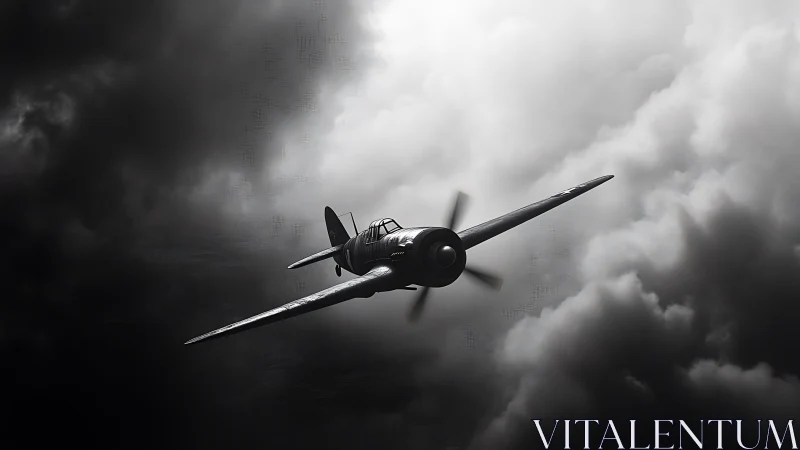 Vintage fighter plane gliding bravely through storm clouds.