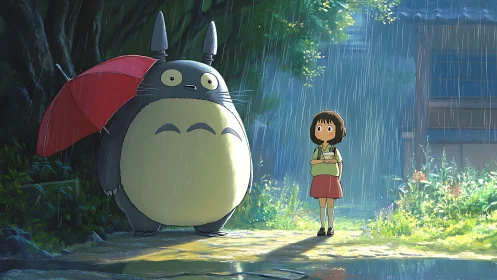 Large creature with umbrella stands beside girl in rainy yard