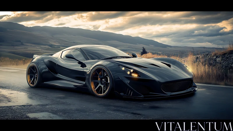 Carbon black hypercar slices through moody mountain pass.