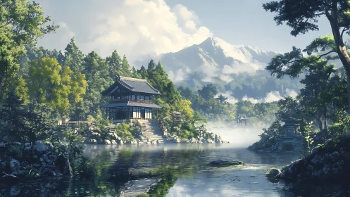 Lakeside pavilion within forest valley beneath snowy mountain.