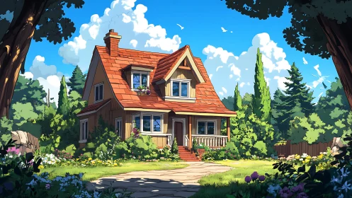 Sunny cottage stands among lush garden and tall trees