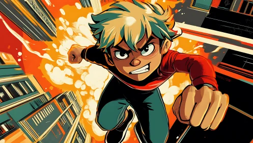 Dynamic anime hero rockets through a vivid urban skyline