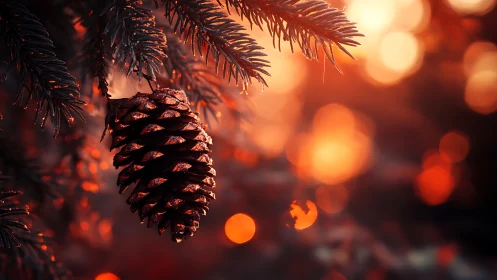Pine cone hanging on branch against warm orange bokeh glow.