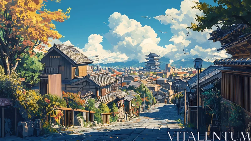 Sunlit Kyoto hillside street rendered in detailed digital painting