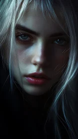 Close portrait of young woman with pale hair, low light.