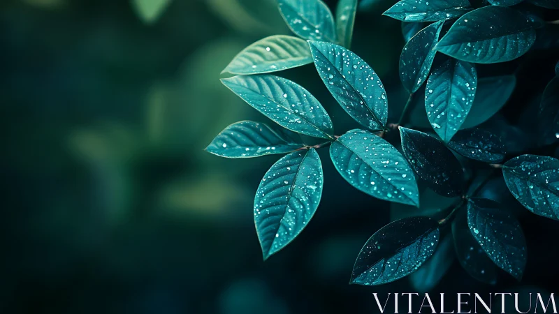 Macro leaf cluster with aqua bokeh and dewy surface geometry.