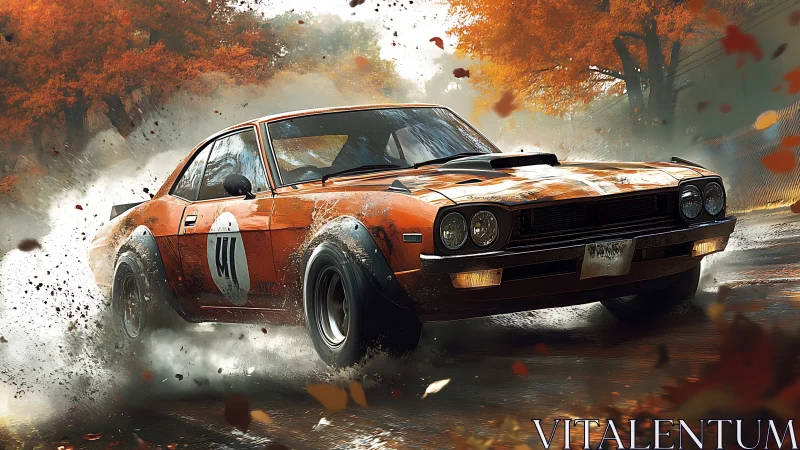 Classic orange rally car powers through wet autumn corner