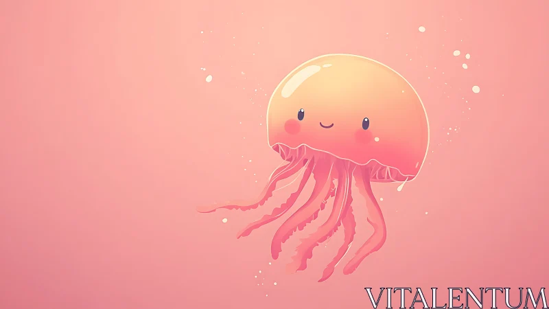 Kawaii jellyfish illustration with minimal pastel aquatic UI.