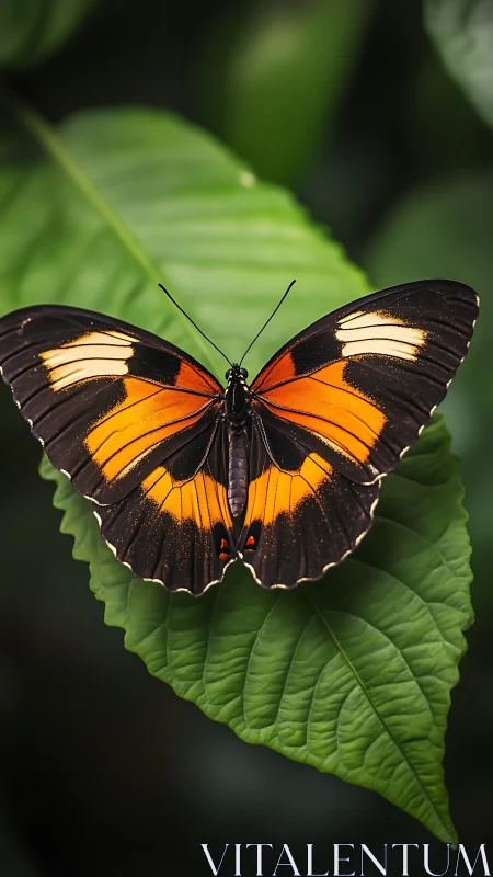 Butterfly with orange bands resting on a textured leaf.