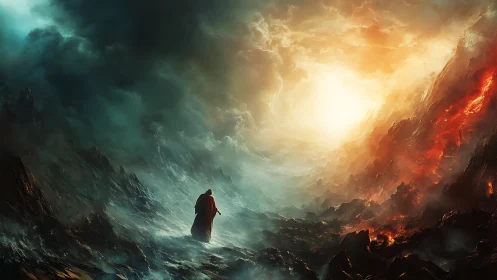 Lone wanderer crosses fiery rift beneath apocalyptic sky.