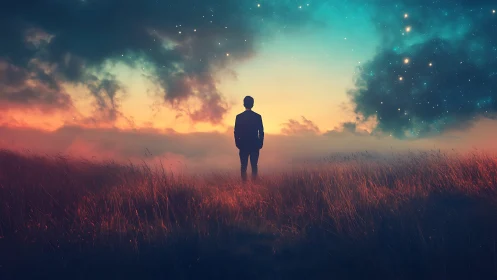 Digital painting of solitary figure under astral twilight sky.