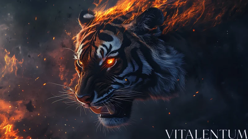 Digital painting of flaming tiger head in dynamic profile view.