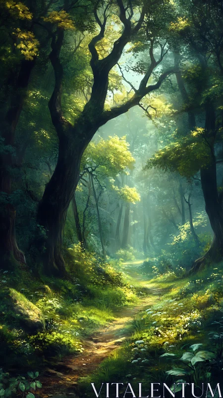Enchanted Forest Pathway Through Ancient Trees.
