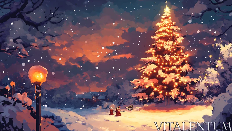 Snowy winter park with illuminated Christmas tree at dusk.