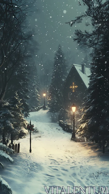 Snow-lit cabin path under falling twilight winter snowstorm.
