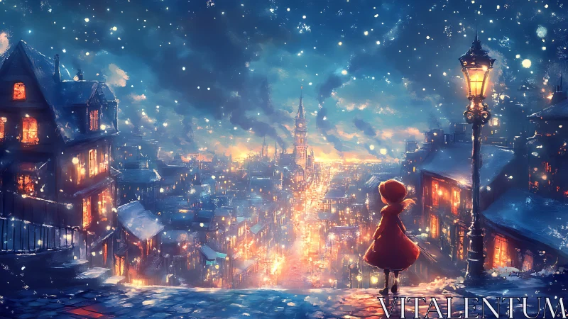 Nocturnal snowlit cityscape with solitary red-cloaked figure.