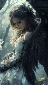 Winged female figure in forest with detailed dark plumage.