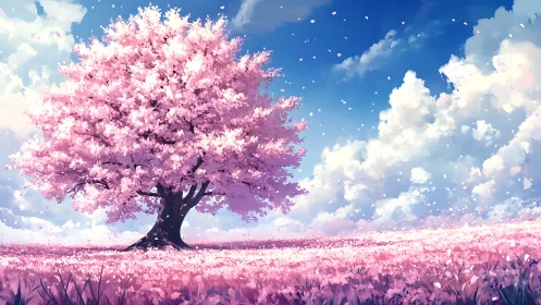Single sakura tree dominates pink meadow under dynamic cumulus sky