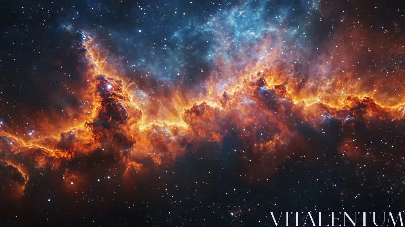 Fiery cosmic nebula drifts through star filled midnight sky