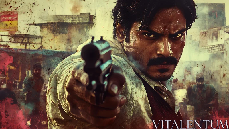 Grit-flecked gunman locks steely gaze amid urban chaos.