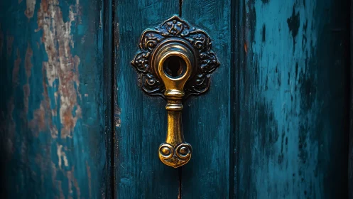 Ornate golden keyhole gleams on weathered teal door surface.