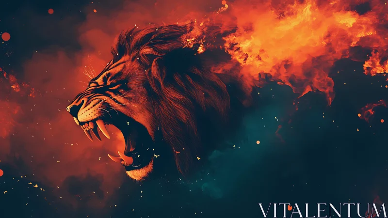 Roaring lion head erupts into blazing orange fire plume