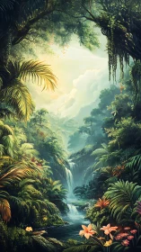 Emerald waterfall cathedral where jungle light hums softly.