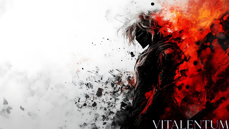 Silhouetted warrior profile in red and black splatter abstraction.