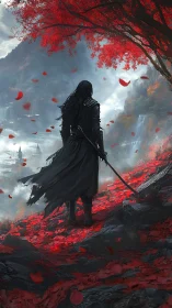 Solitary swordbearer on scarlet ridge under misted valley sky.