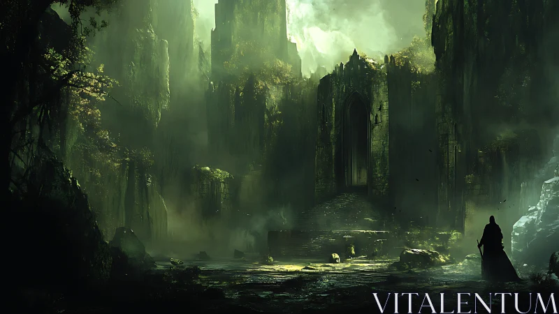 Cloaked figure before overgrown ruined stone citadel gate.