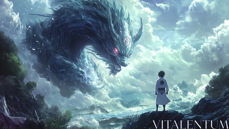 Storm dragon coils above lone mage on a wind-torn cliff