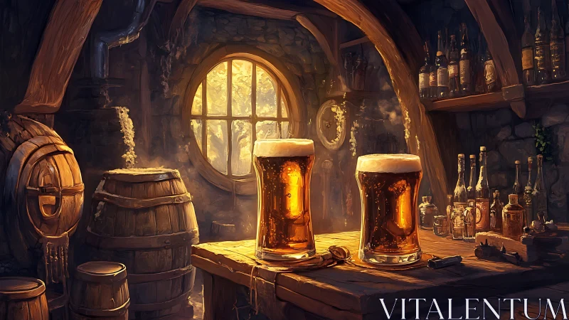 Rustic tavern interior with foaming amber beer glasses.