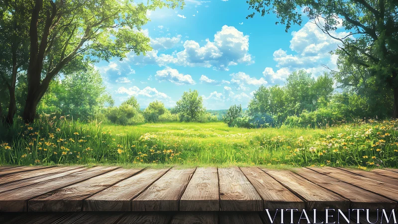 Sunlit meadow view from a quiet wooden terrace retreat.