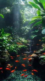 Dense jungle pond with orange fish under soft waterfall light.