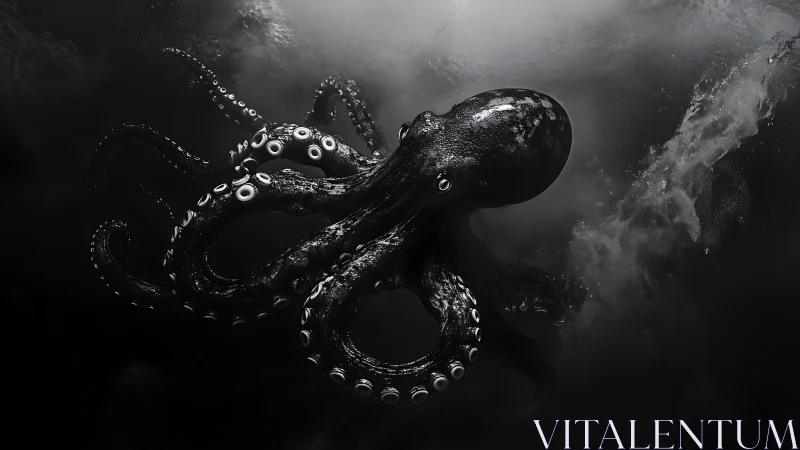 Rendered octopus extends tentacles within dark underwater space