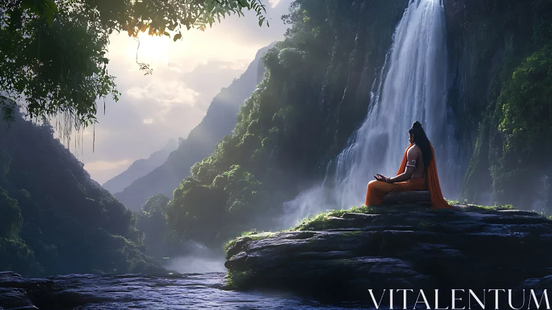 Meditative sage contemplates a misty jungle waterfall scene.