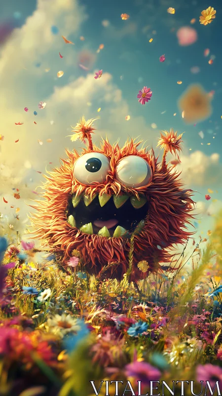 Fluffy one-eyed monster beams amid swirling wildflowers.