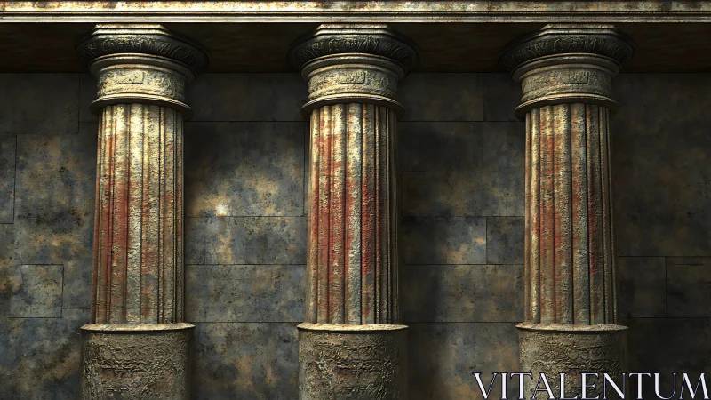 Weathered classical stone columns against mottled wall.