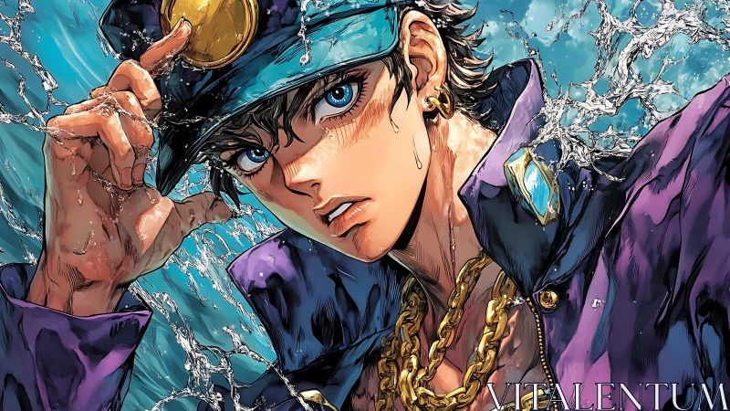 Bold anime hero lifts his cap amid splashing water