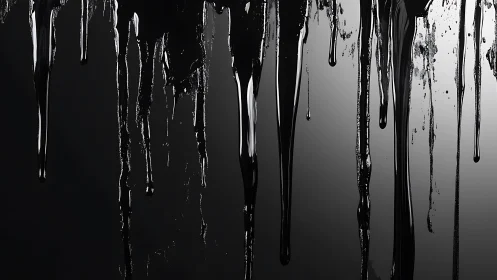 Glossy black liquid drips on smooth monochrome backdrop.
