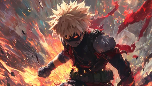 Masked combat figure amid explosive energy and debris.