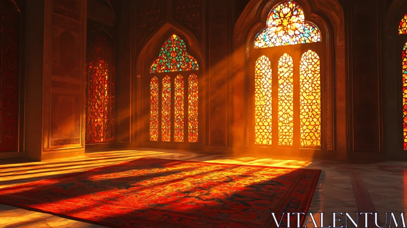 Volumetric sunrise through Islamic stained glass and carpet