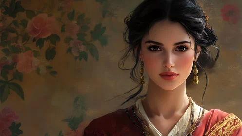 Digital portrait depicts woman in ornate dress before floral wall