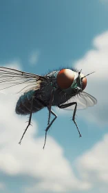 Housefly hovers midair rendered with hyperreal detail