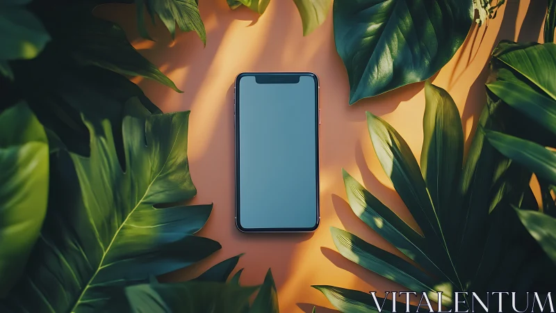Smartphone with Blue Screen Surrounded by Green Plants.