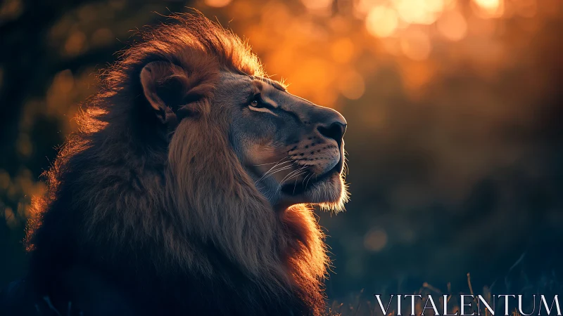 Majestic lion gazes into glowing sunset bokeh light