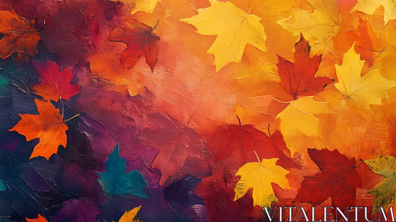 Colorful painted maple leaves over rich autumn background.