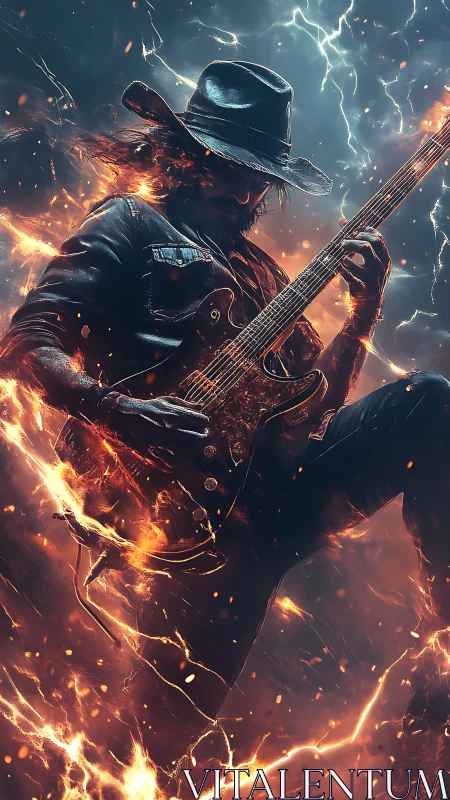 Electric guitarist in fiery storm with dynamic lighting.