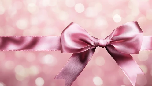 Pink satin gift bow on soft bokeh background image.