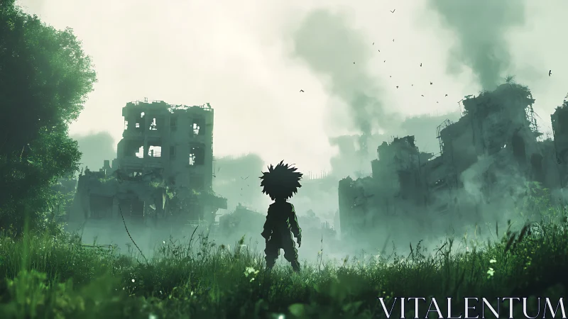 Small lone wanderer confronts misty ruins of a fallen city